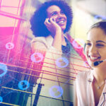What industries outsource business process the most - shown by a few contact center representatives and digital art in the background.