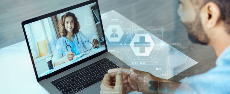 U.S. Healthcare is Evolving and Adapting the Principles of CX is illustrated by digital art of an online meeting between a patient and a doctor