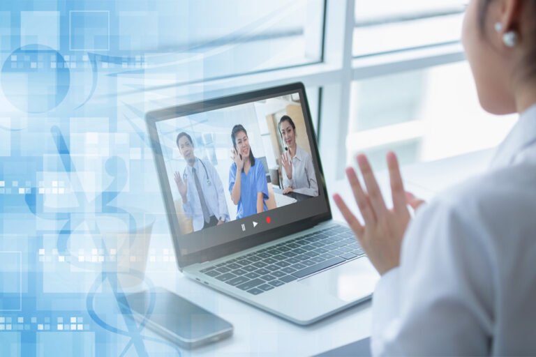 Market Share Boost: Live Interpretation Services in Healthcare is demonstrated by a digital graphic of a person speaking through a video call