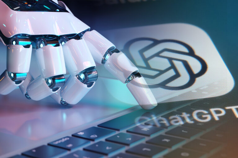 RPA and ChatGPT are represented by a digital image of a robotic hand typing on a keyboard