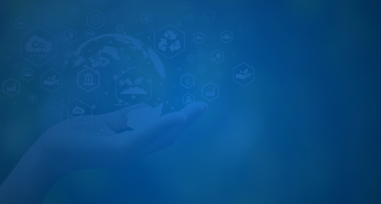 Hand holding globe with eco-icons