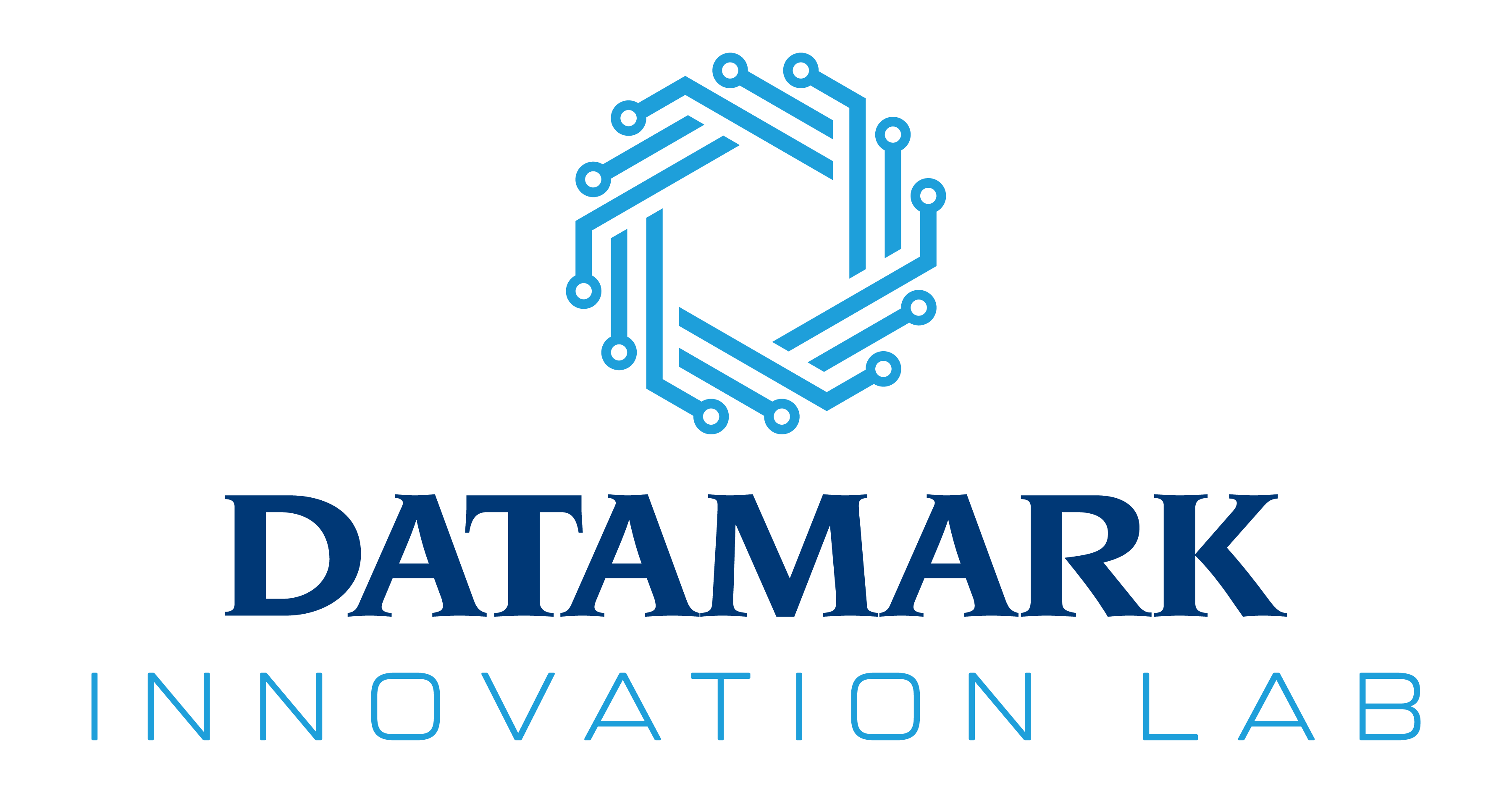 DATAMARK Innovation Lab logo with blue circuit-style emblem and bold uppercase lettering.