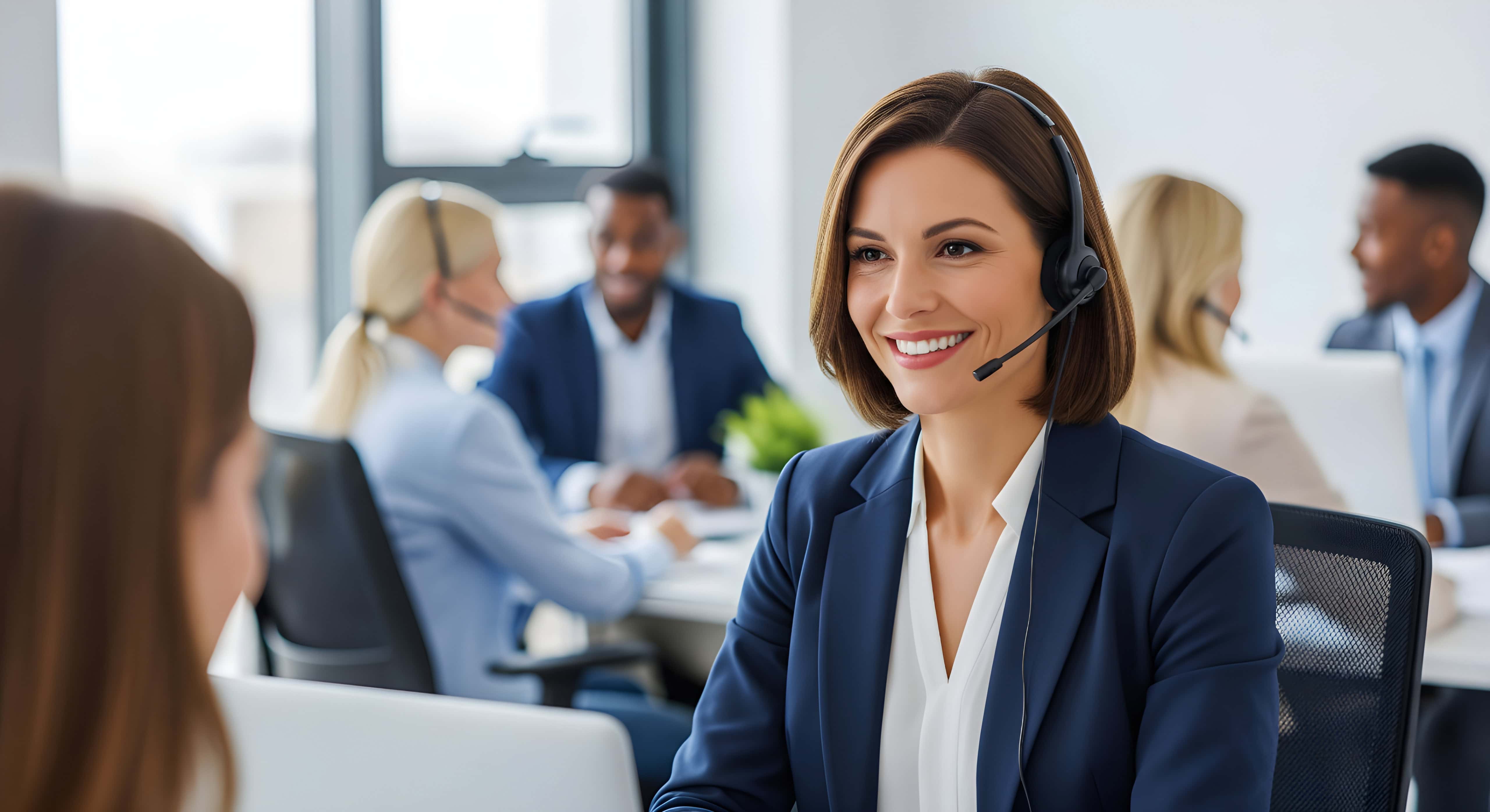 Customer service representative wearing a headset in a call center